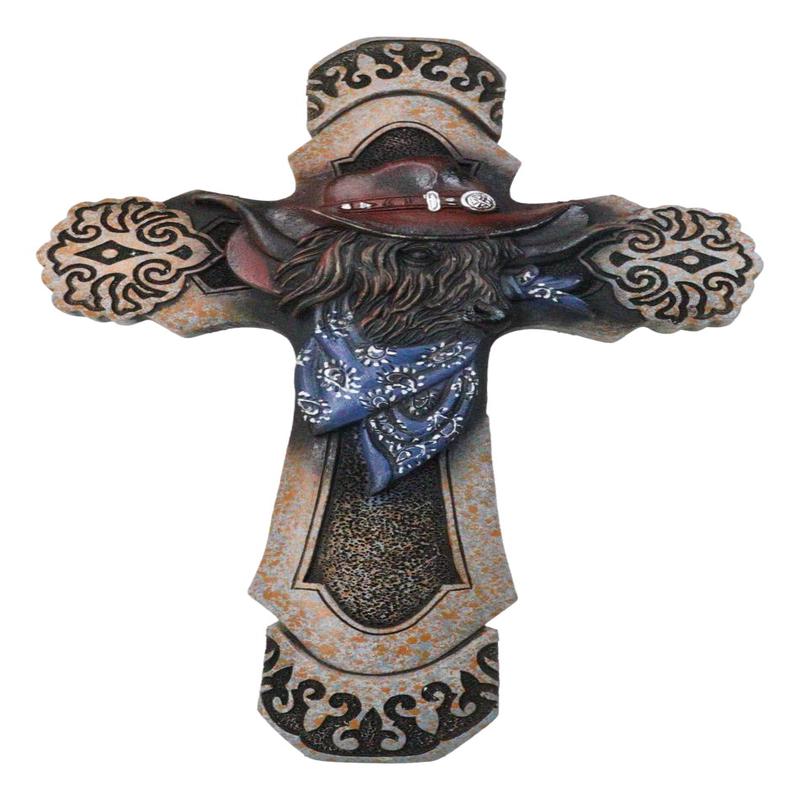 Rustic Country Western Highland Cow with Cowboy Hat and Scarf Wall Cross Decor