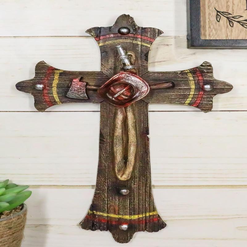 Rustic Fire Fighter Tools Fireman Axe Helmet Water Hose Faux Wood Wall Cross