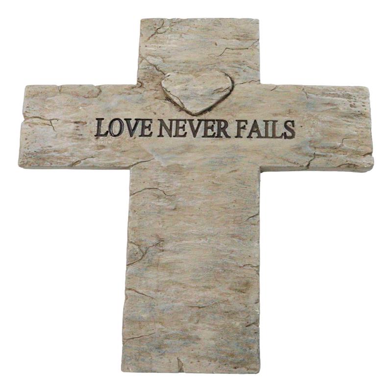 Rustic Inspirational Tuscany Vintage Love Never Fails Heart Relief Wall Cross