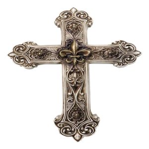 Rustic Royal French Fleur De Lis Emblem with Ornate Scrollwork Wall Cross Decor