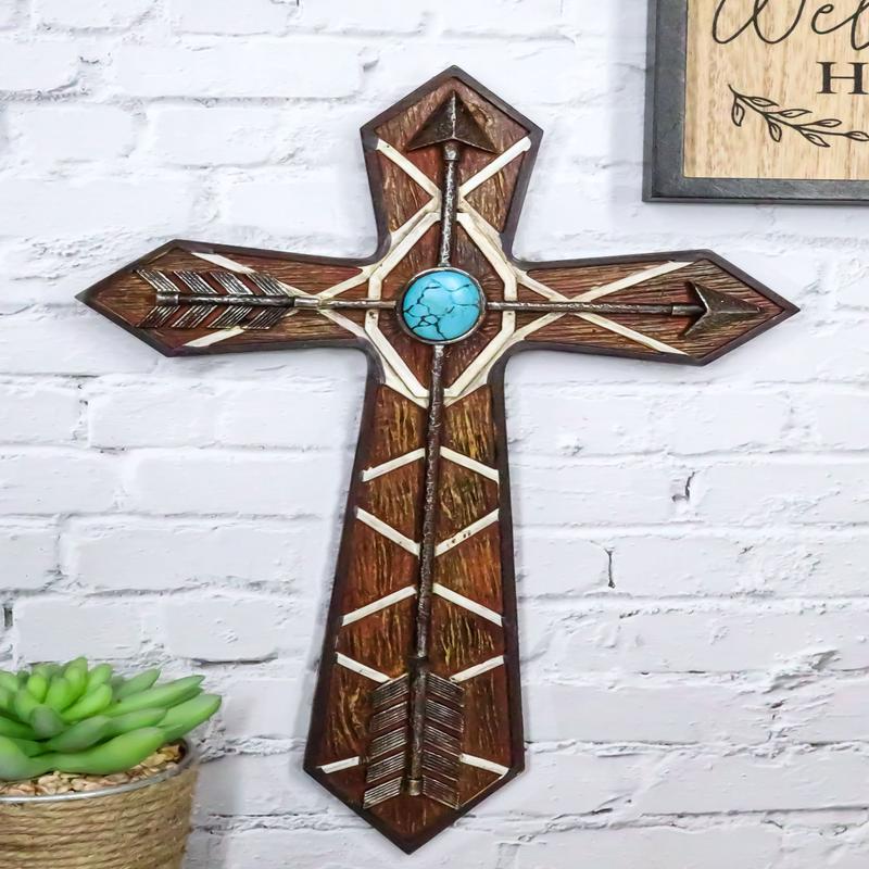 Rustic Western Boho Native Indian Arrows Turquoise Rock Faux Wooden Wall Cross