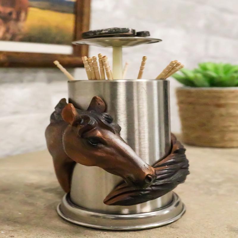 Rustic Western Country Chestnut Horse Horseshoe Spring Barrel Toothpick Holder