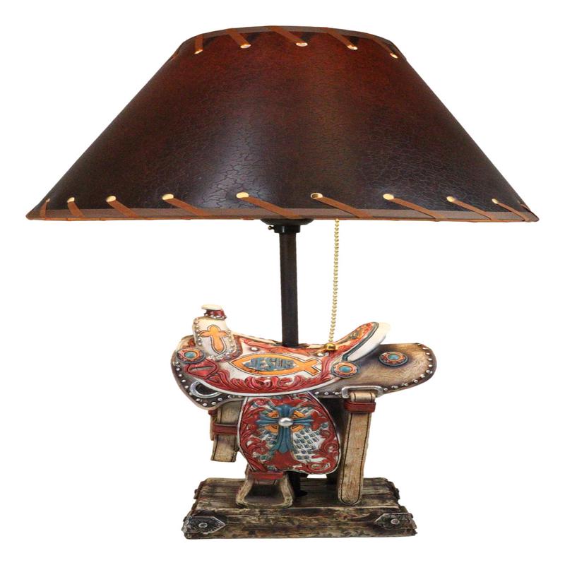 Rustic Western Cowboy Horse Saddle with Ichthys Jesus Fish Symbol Table Lamp