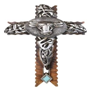 Rustic Western Cowboy Silver Concho Bull Cow With Tooled Knotwork Wall Cross