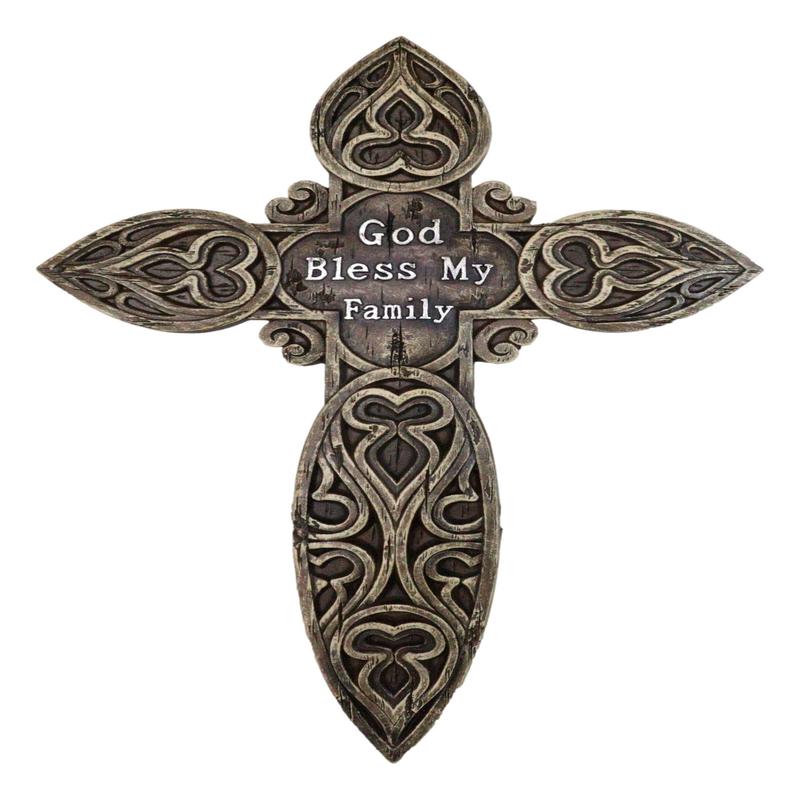 Rustic Western God Bless My Family Faux Wooden Tooled Scrollwork Wall Cross