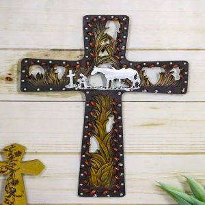 Rustic Western Kneeling Cowboy With Horse In Prayer Faux Leather Wall Cross