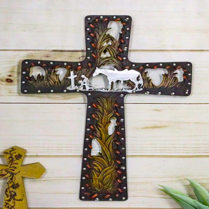 Rustic Western Kneeling Cowboy With Horse In Prayer Faux Leather Wall Cross