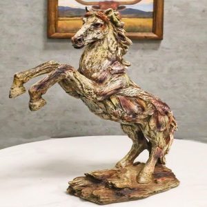Rustic Western Rearing Prancing Horse in Faux Wooden Carving Resin Figurine