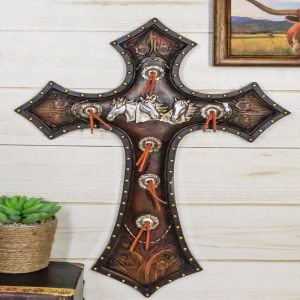 Rustic Western Triple Silver Mustang Horses Faux Tooled Leather Wall Cross 19"H