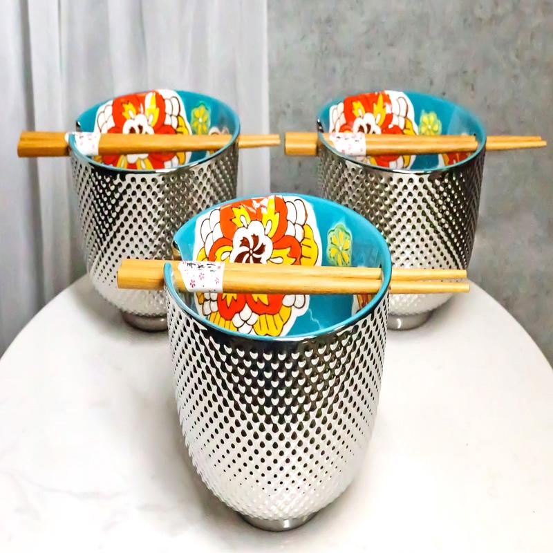 Set of 3 Luxury Ottoman Silver Plated Ramen Bowls Chopsticks Turquoise Flowers