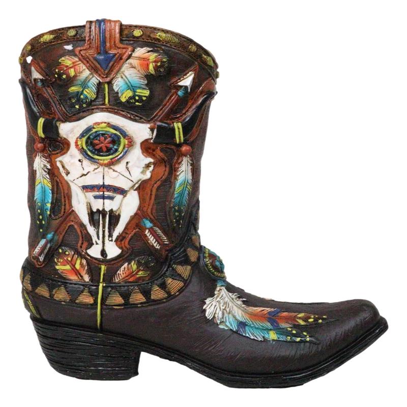 Southwest Turquoise Feathers Cow Skull Crossed Arrows Cowboy Boot Vase Holder