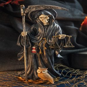 Standing Black Santa Muerte With Scythe Scales of Justice And Wise Owl Figurine