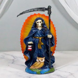 Standing Blue Santa Muerte Skeleton With Scythe Hourglass And Wise Owl Figurine
