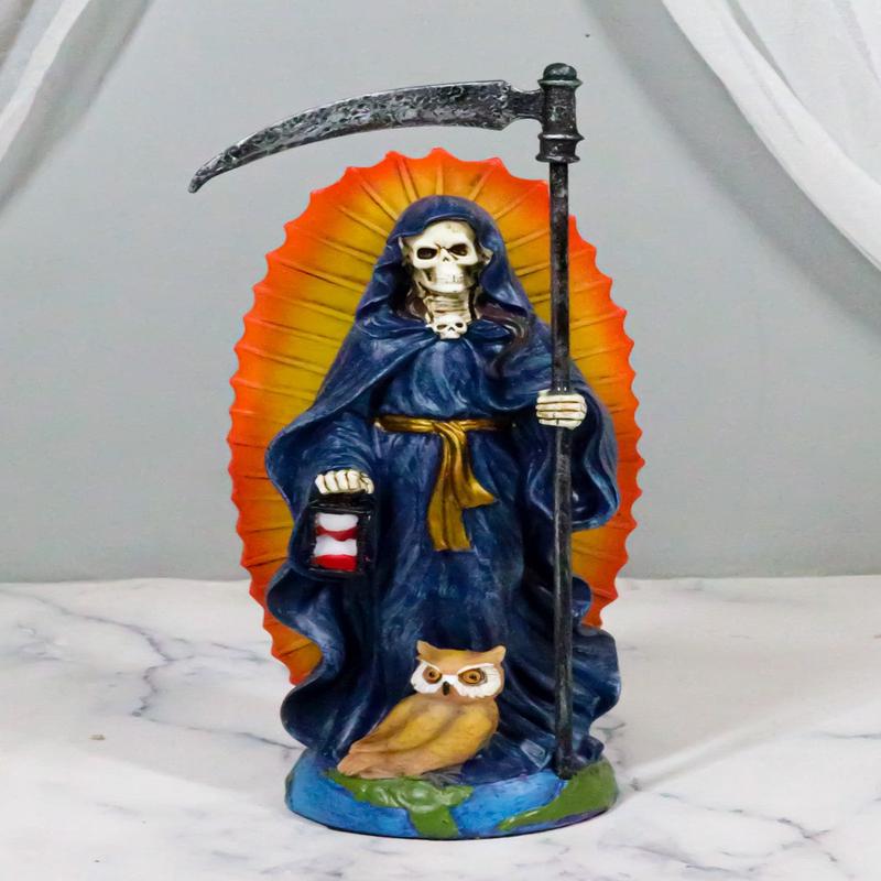 Standing Blue Santa Muerte Skeleton With Scythe Hourglass And Wise Owl Figurine