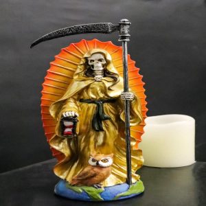 Standing Gold Santa Muerte Skeleton With Scythe Hourglass And Wise Owl Figurine