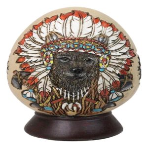 Tribal Indian Chief Wolf With Headdress Roach Egg Shaped Money Bank Figurine