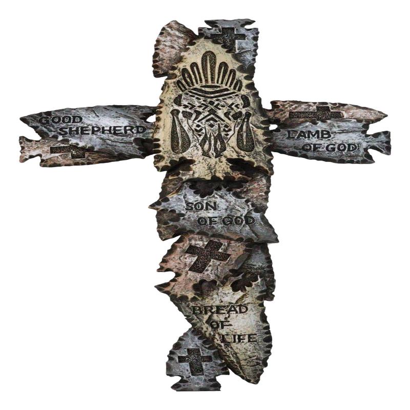 Tribal Indian Faux Arrowhead Stones Lamb of God Good Shepherd Wall Cross Plaque