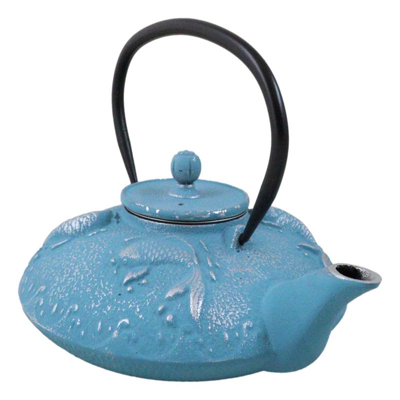 Turquoise Blue Auspicious Koi Fishes Cast Iron Tetsubin Teapot With Enamel Liner