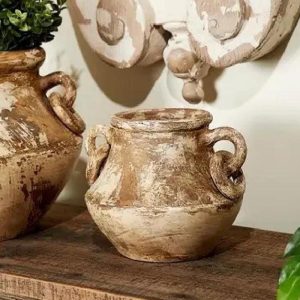 Vintage Earthenware Rustic Distressed Terracotta Vase Pot W/ Decorative Handles