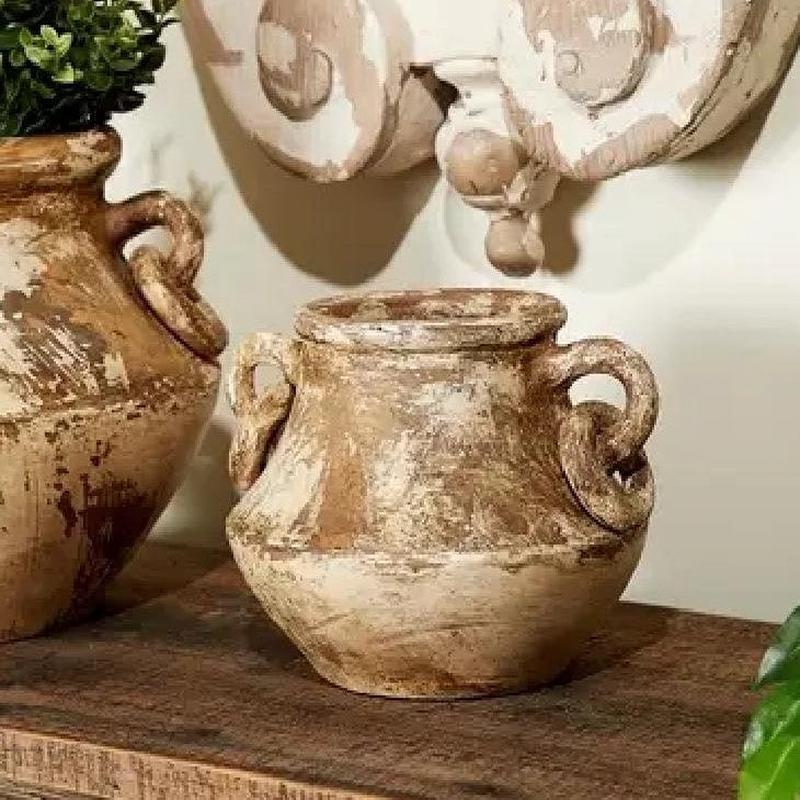 Vintage Earthenware Rustic Distressed Terracotta Vase Pot W/ Decorative Handles