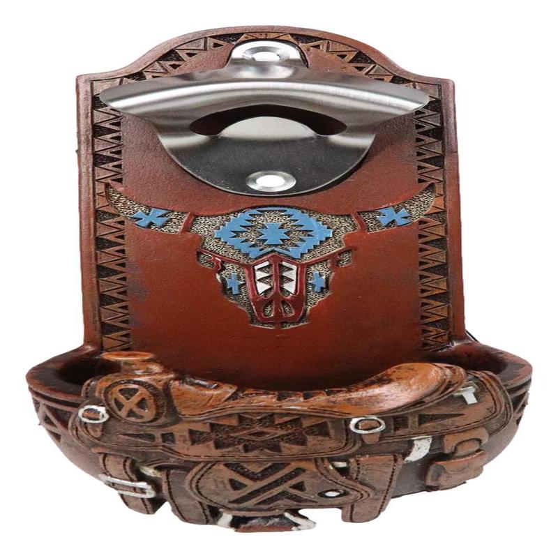 Western Cowboy Country Rustic Horse Saddle With Cow Skull Wall Bottle Opener