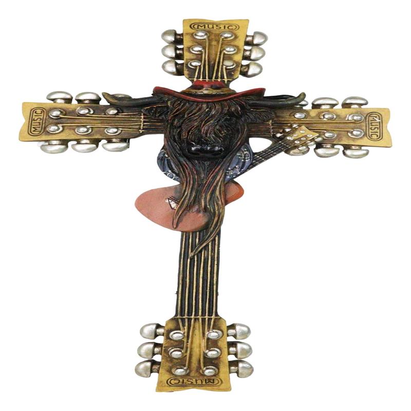 Western Rock And Roll Music Guitars With Cowboy Highland Cow Wall Cross Plaque