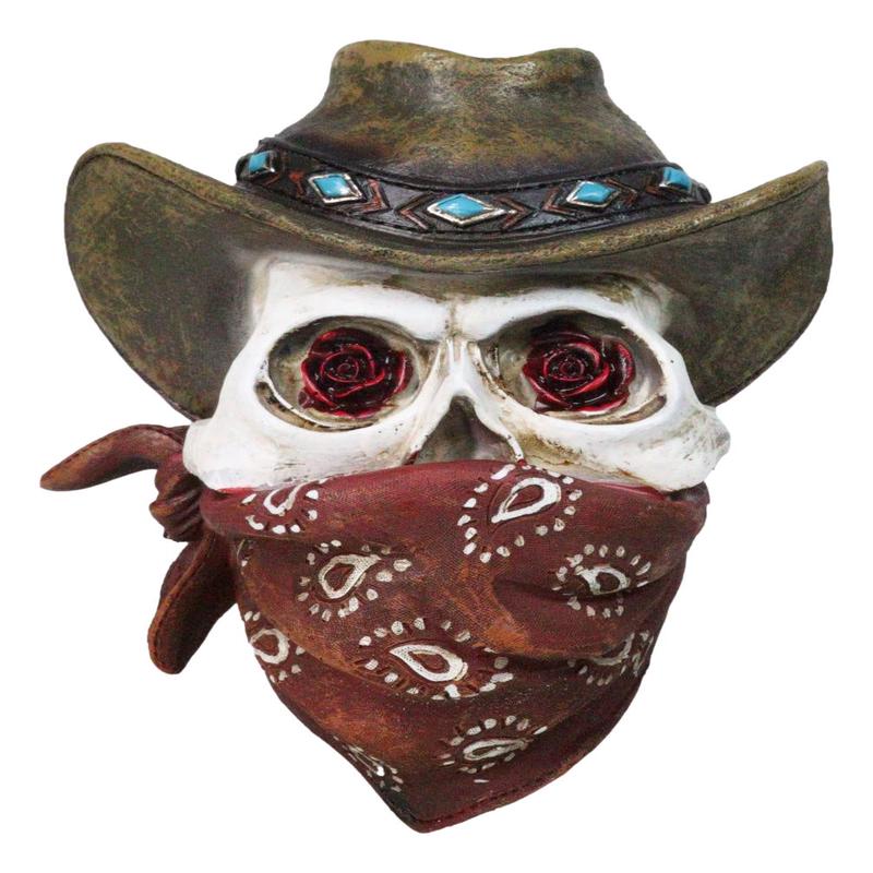 Western Wild West Cowboy Skull With Rose Eyes Hat and Bandana Mask Wall Decor
