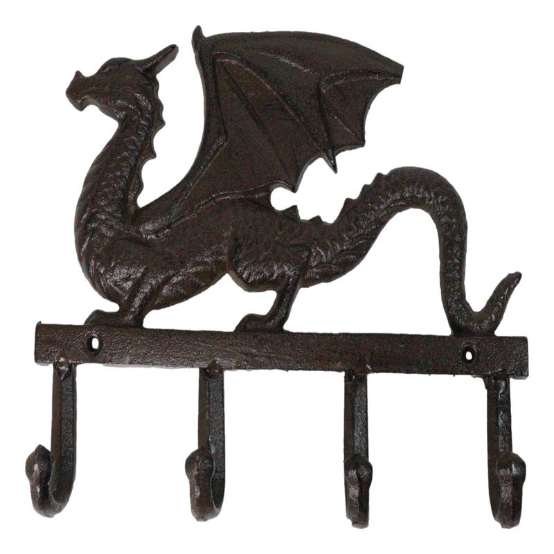 Cast Iron Legends Fantasy Sentinel Guardian Dragon 4 Pegs Wall Keys Hats Hook