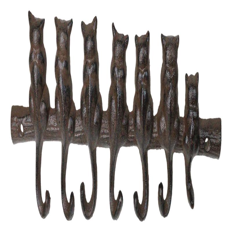 Cast Iron Rustic Abstract Feline Cats With Playful Tails 7 Pegs Wall Hooks Decor