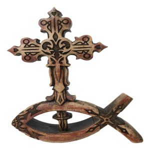 Christian Tuscany Scrollwork Cross On Jesus Fish Ichthys Base Faux Wood Figurine