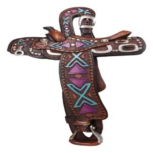 Country Western Rustic Horse Saddle Faux Tooled Leather Decorative Wall Cross