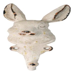 Distressed White Finish Cast Iron Whimsical Bunny Rabbit Wall Coat Hat Hook