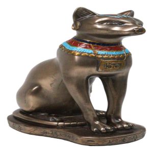 Egyptian Goddess Faux Bronze Bastet Cat Sitting in Royal Pose Figurine