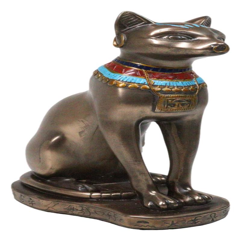 Egyptian Goddess Faux Bronze Bastet Cat Sitting in Royal Pose Figurine