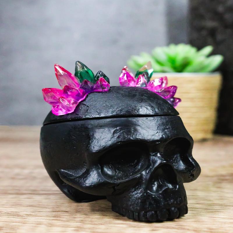 Gothic Black Cranium Skull with Crystals Crown Decorative Jewelry Box Figurine