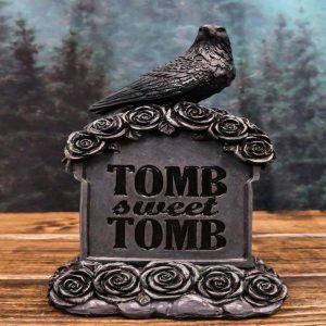 Gothic Raven Crow Perching On Black Roses Graveyard Tomb Headstone Figurine