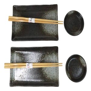 Hakumu Grey Porcelain Sushi Plates Sauce Dishes Chopsticks Dinnerware Set For 2