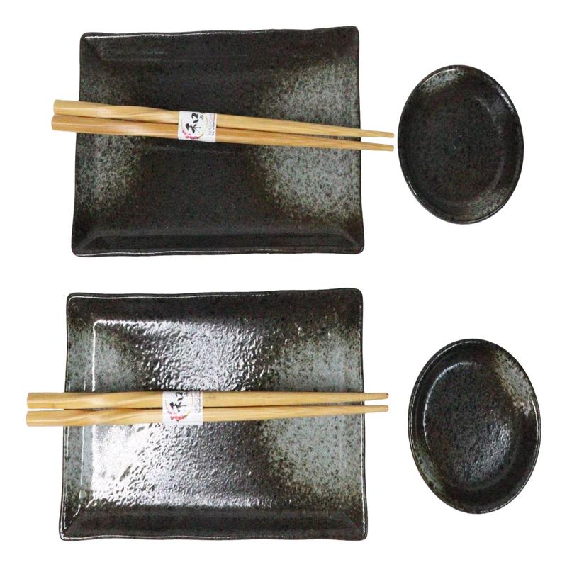 Hakumu Grey Porcelain Sushi Plates Sauce Dishes Chopsticks Dinnerware Set For 2