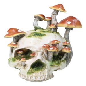 Large Day Of The Dead Toadstool Mushrooms And Moss Fungi Skull Figurine 11.5"H