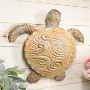 Marine Life Sand Colored Sea Turtle With Ocean Wave Swirls Shell Wall Decor