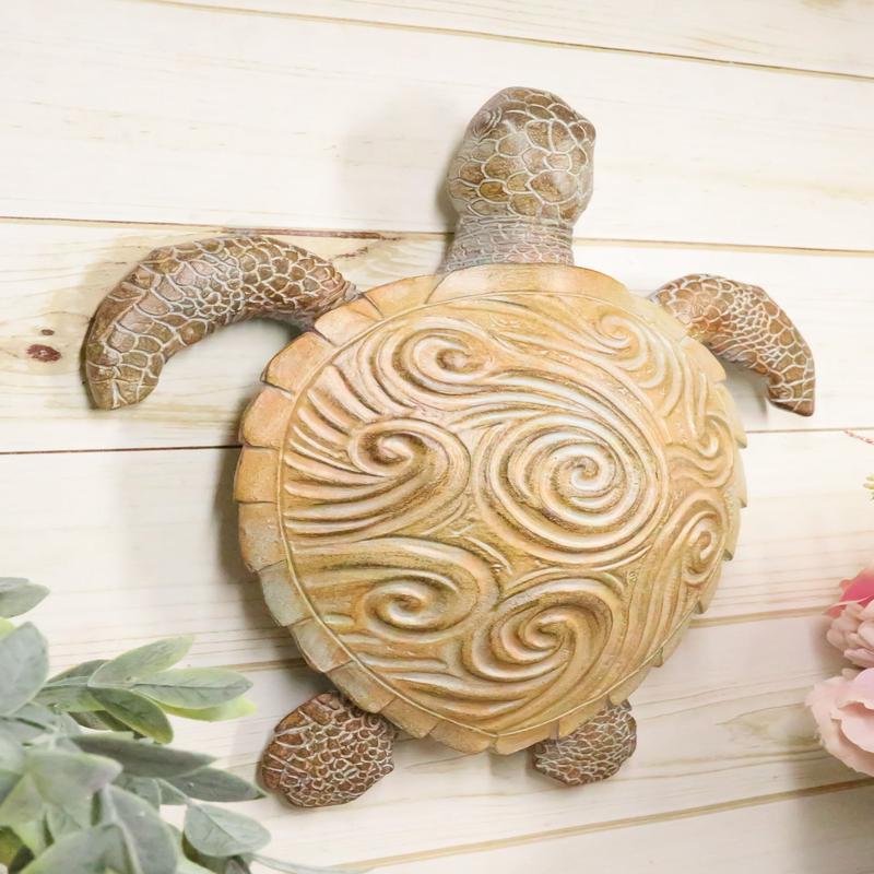 Marine Life Sand Colored Sea Turtle With Ocean Wave Swirls Shell Wall Decor