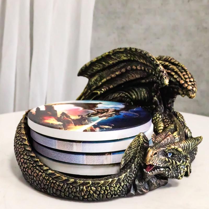Medieval Smaug Dragon Coaster Set Sleeping Drake Holder With Four Coasters Decor