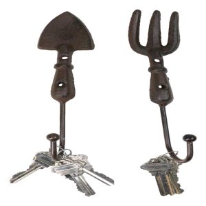 Pack of 2 Cast Iron Garden Hand Tool Fork and Trowel Wall Hooks For Coats Keys