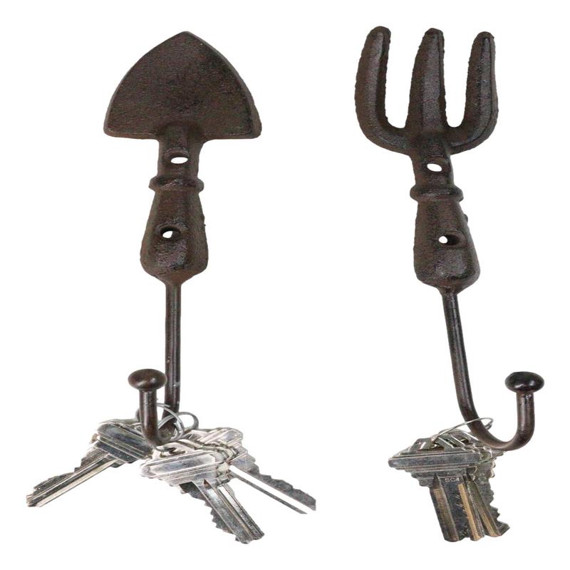 Pack of 2 Cast Iron Garden Hand Tool Fork and Trowel Wall Hooks For Coats Keys