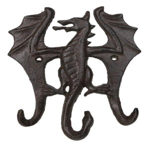 Pack Of 2 Cast Iron Rustic Fantasy Viking Beowulf Dragon 3Pegs Wall Keys Hook