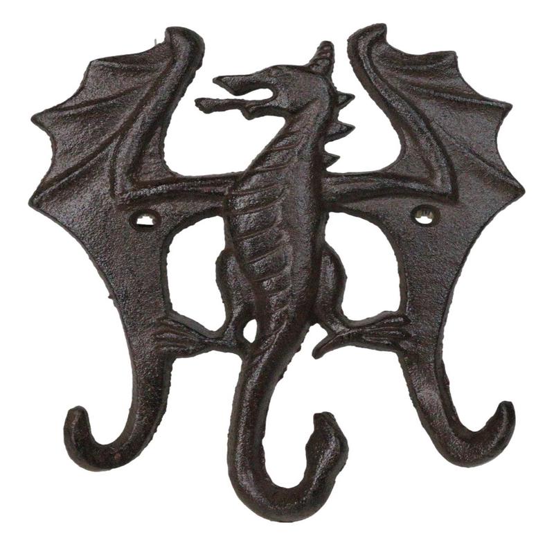 Pack Of 2 Cast Iron Rustic Fantasy Viking Beowulf Dragon 3Pegs Wall Keys Hook