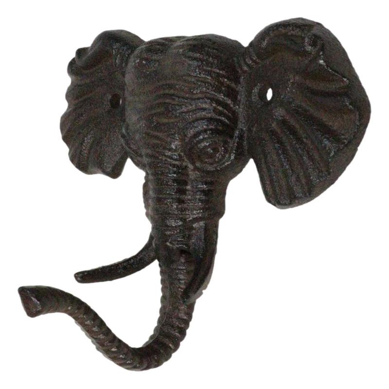 Pack Of 2 Rustic Cast Iron Safari Elephant Trunk Up Wall Hook Hanger Sculpture