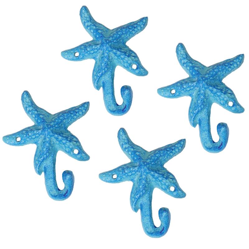 Pack Of 4 Cast Iron Rustic Blue Starfish Sea Stars Wall Hanger Coat Towel Hooks