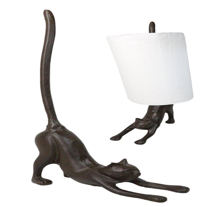 Rustic Cast Iron Crouching Kitty Cat with Long Tail Kitchen Paper Towel Holder