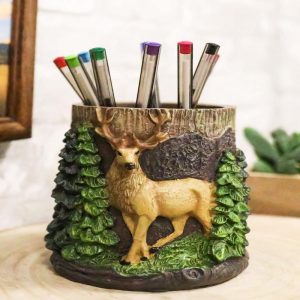 Rustic Western Buck Stag Deer By Green Forest Trees Stationery Pen Brush Holder